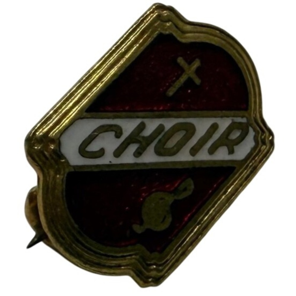 Vintage Religious Choir Lapel Pin Red Enamel Gold Tone Cross Treble Clef Shield